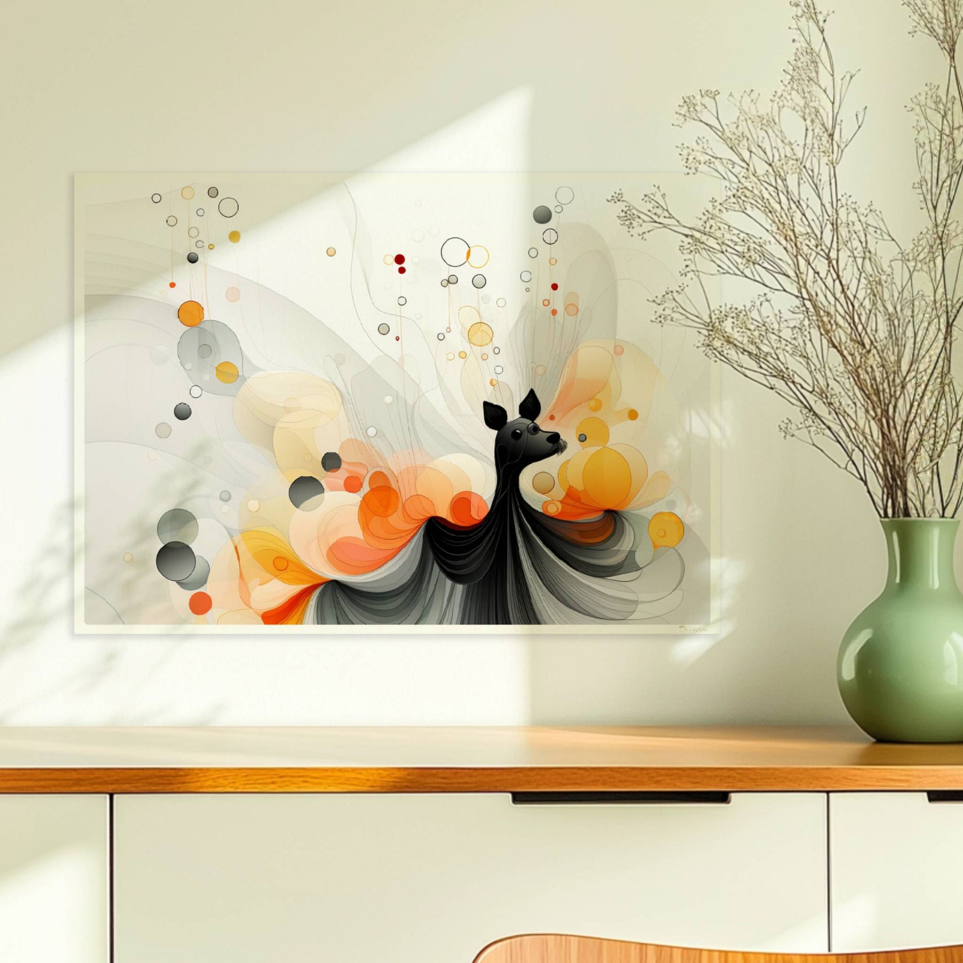 Verspielte Vektorgrafik eines kleinen Hundes mit abstrakten Blasen und Farbverläufen in Orange und Schwarz.. Ohne Rahmen 70x50