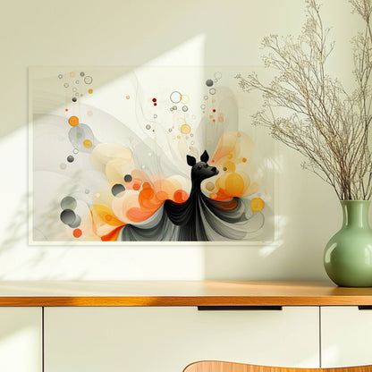 Verspielte Vektorgrafik eines kleinen Hundes mit abstrakten Blasen und Farbverläufen in Orange und Schwarz.. Ohne Rahmen 70x50