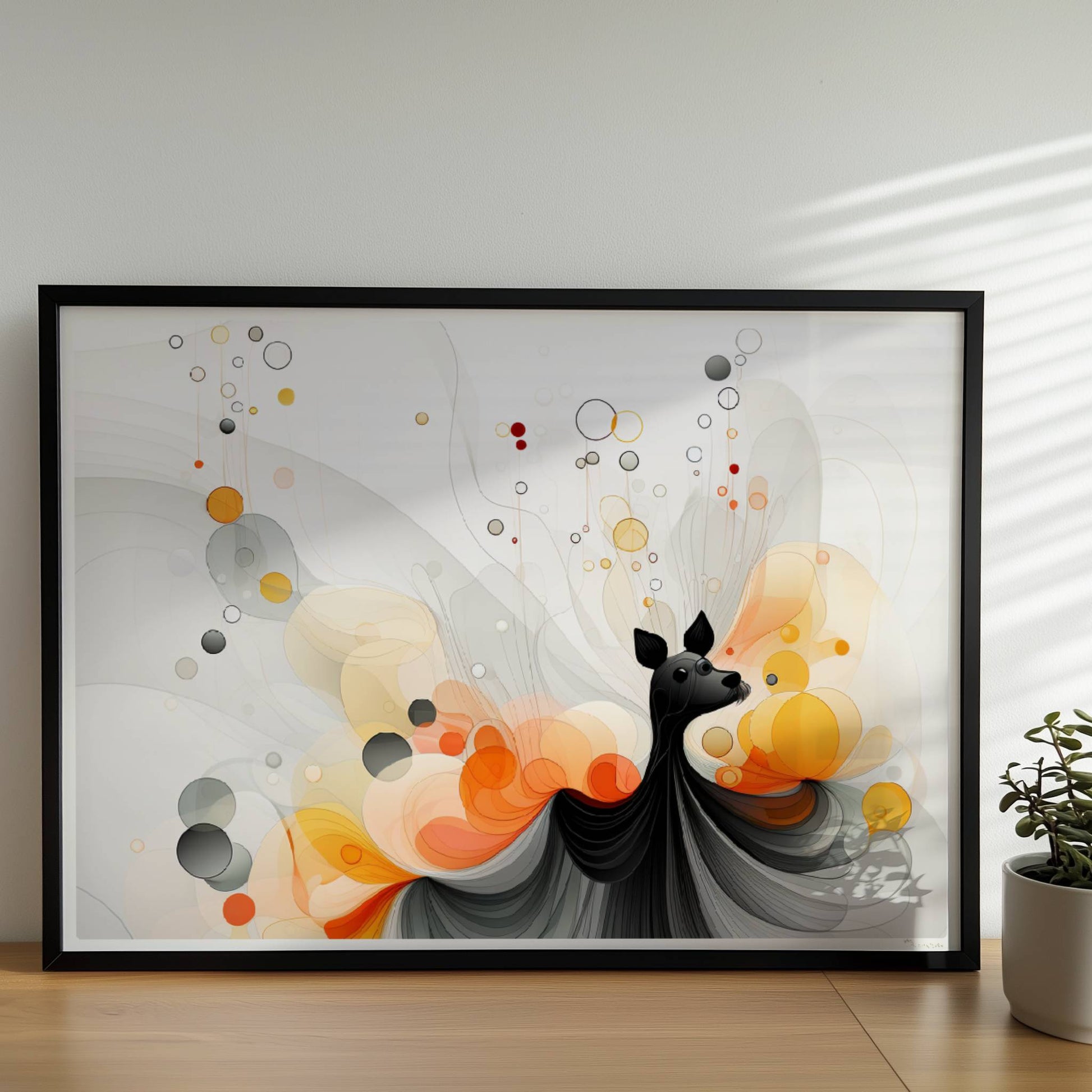 Verspielte Vektorgrafik eines kleinen Hundes mit abstrakten Blasen und Farbverläufen in Orange und Schwarz.. Rahmen schwarz 70x50