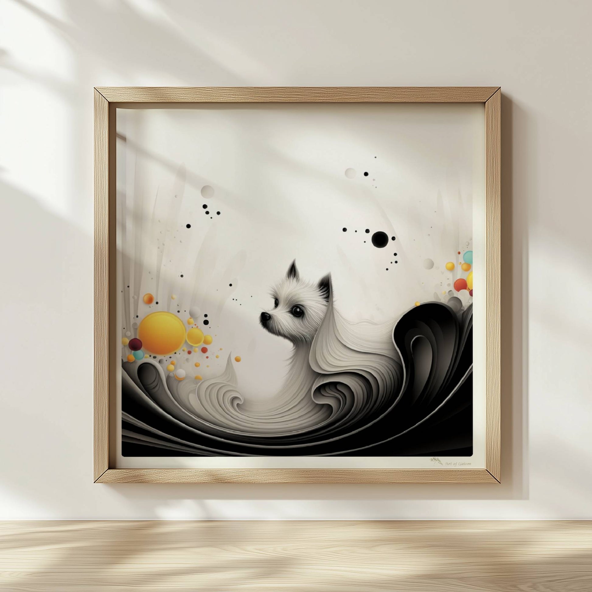 Elegante Hundegrafik mit fließenden Linien und gelben Akzenten auf weißem Hintergrund.. Rahmen natur 30x30