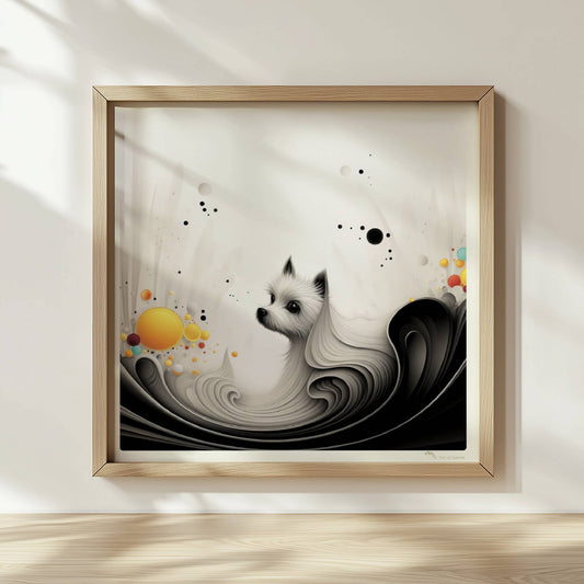 Elegante Hundegrafik mit fließenden Linien und gelben Akzenten auf weißem Hintergrund.. Rahmen natur 30x30