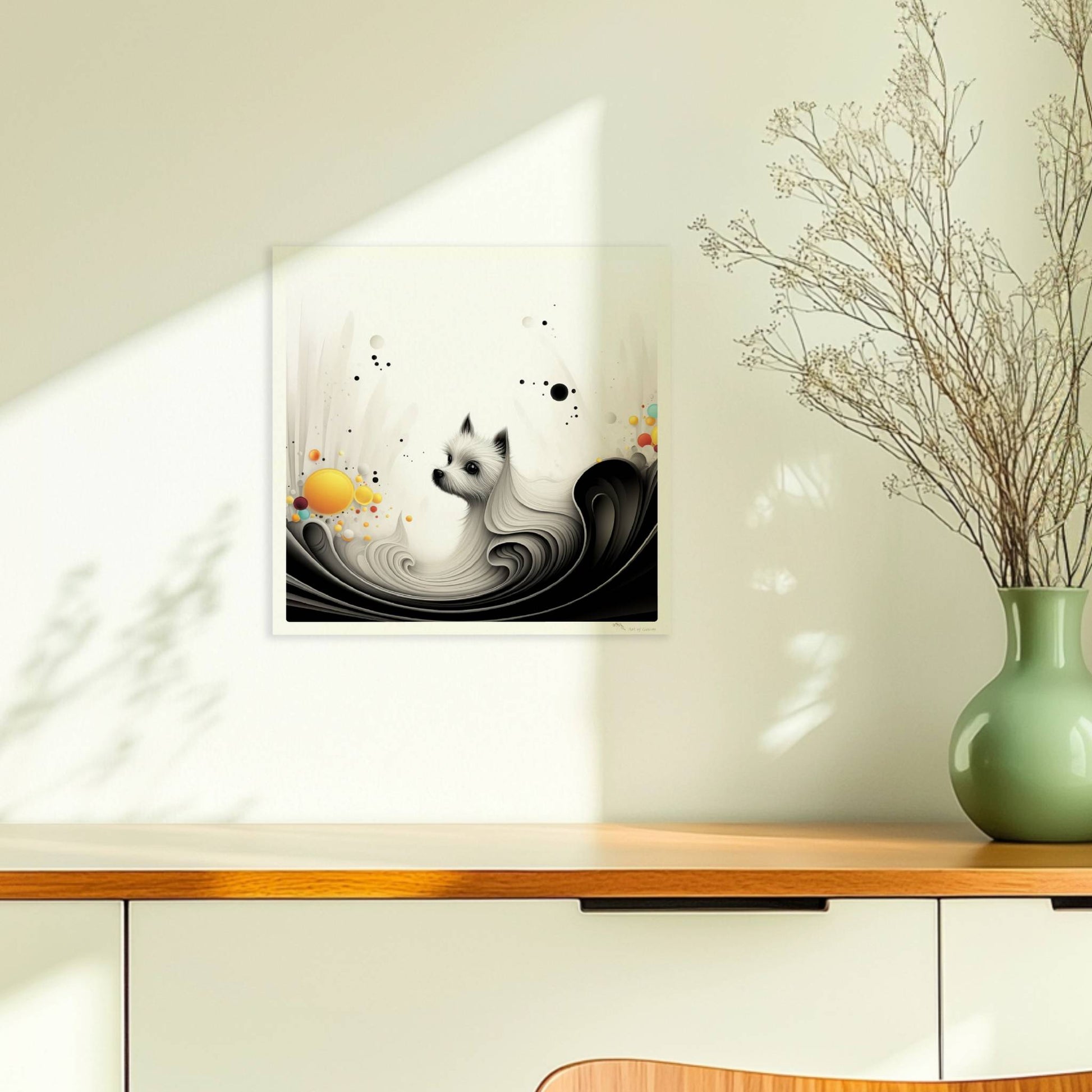 Elegante Hundegrafik mit fließenden Linien und gelben Akzenten auf weißem Hintergrund.. Ohne Rahmen 30x30