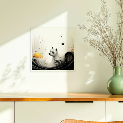 Elegante Hundegrafik mit fließenden Linien und gelben Akzenten auf weißem Hintergrund.. Ohne Rahmen 30x30