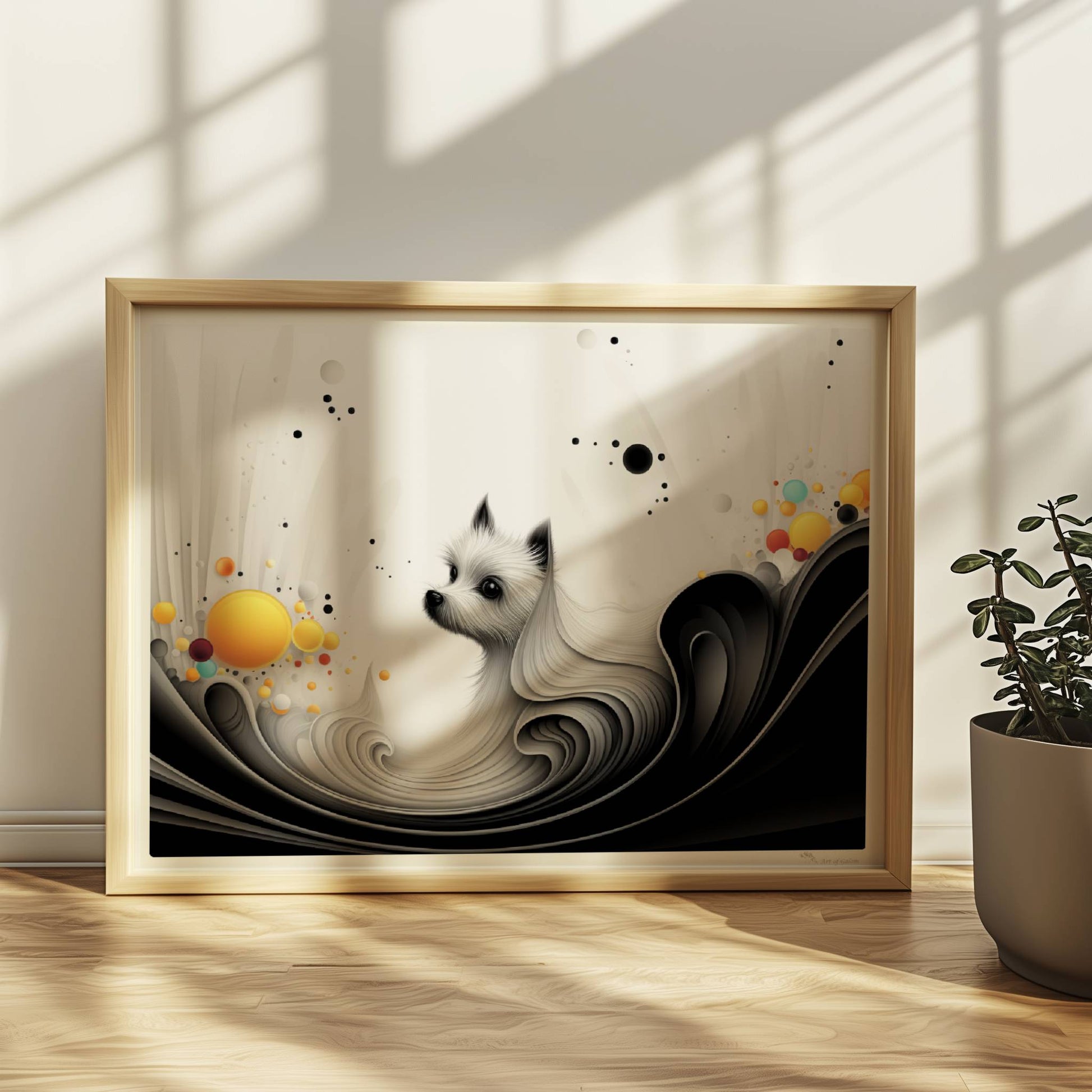 Elegante Hundegrafik mit fließenden Linien und gelben Akzenten auf weißem Hintergrund.. Rahmen natur 40x30