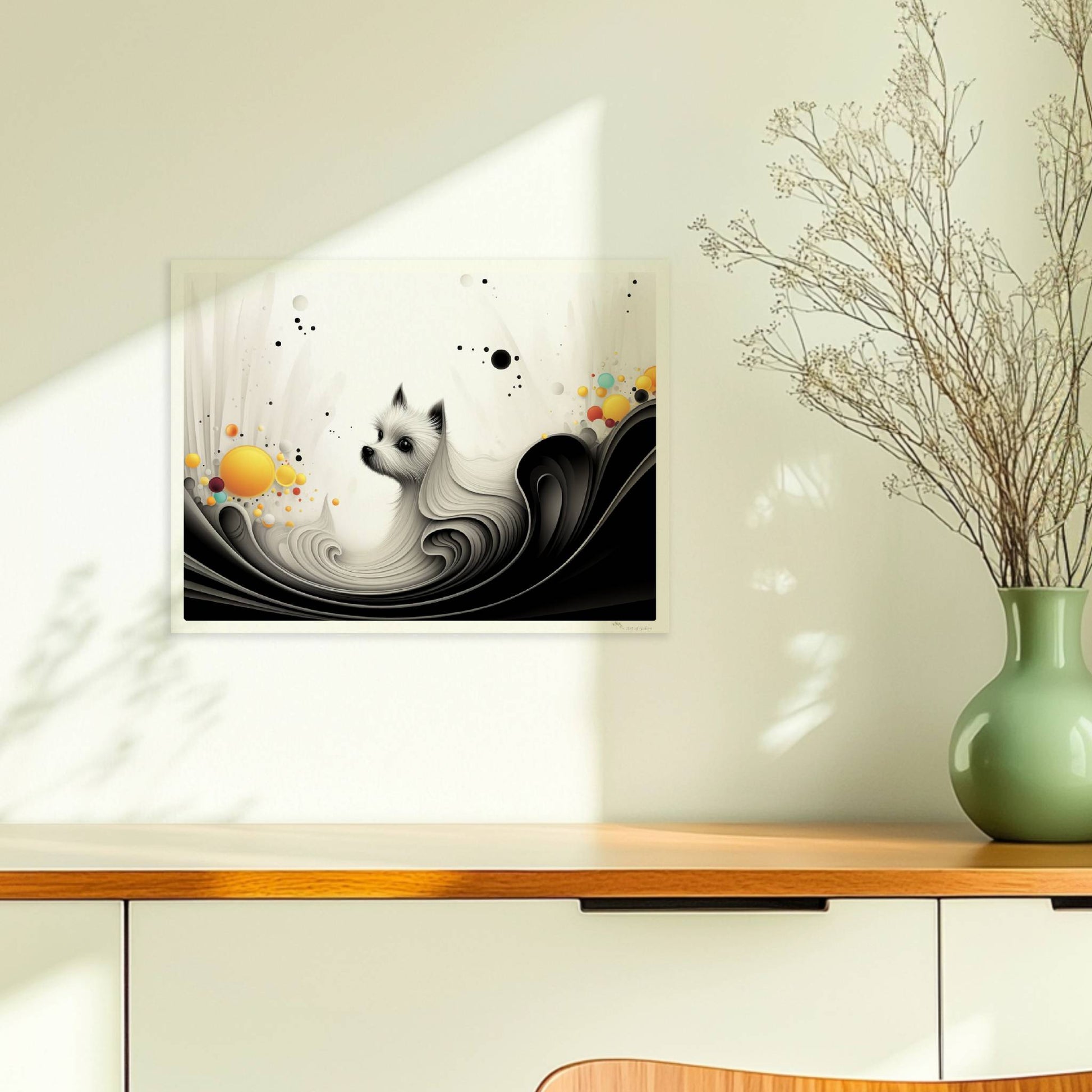 Elegante Hundegrafik mit fließenden Linien und gelben Akzenten auf weißem Hintergrund.. Ohne Rahmen 40x30