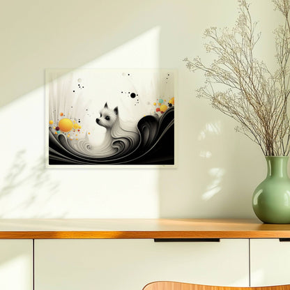 Elegante Hundegrafik mit fließenden Linien und gelben Akzenten auf weißem Hintergrund.. Ohne Rahmen 40x30