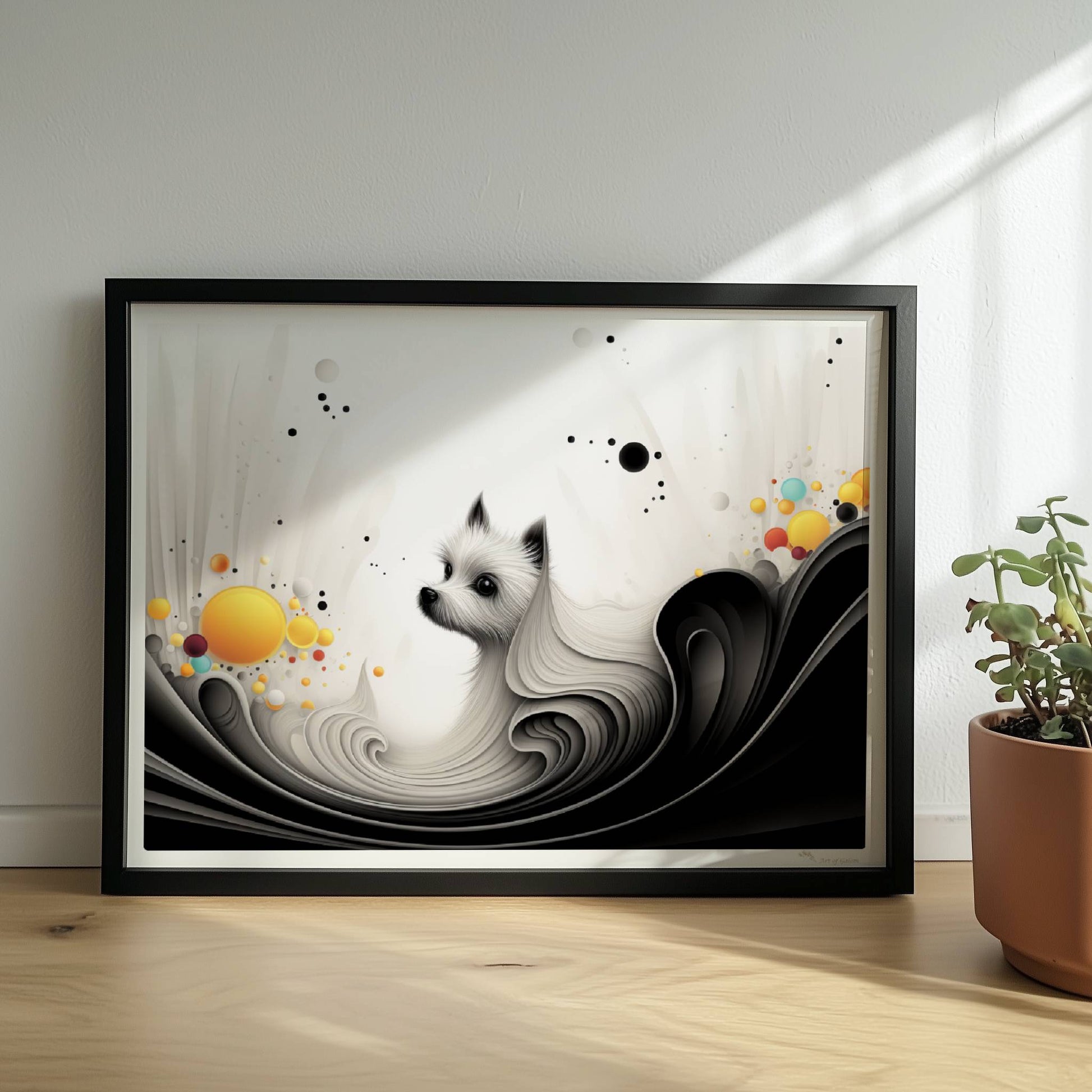 Elegante Hundegrafik mit fließenden Linien und gelben Akzenten auf weißem Hintergrund.. Rahmen schwarz 40x30