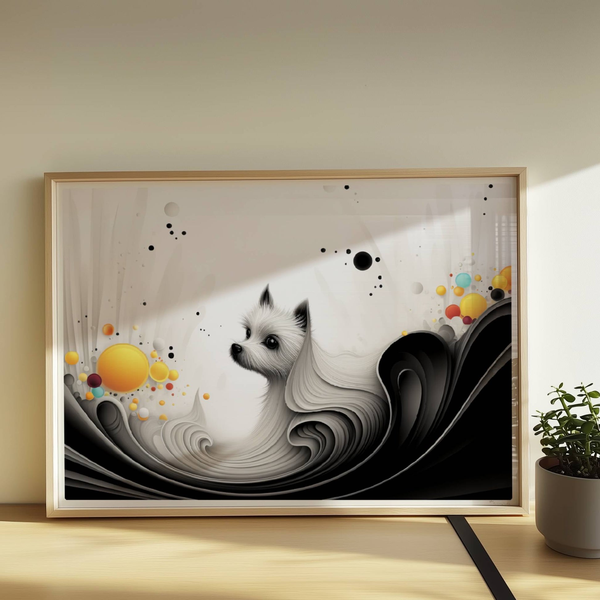 Elegante Hundegrafik mit fließenden Linien und gelben Akzenten auf weißem Hintergrund.. Rahmen natur 70x50