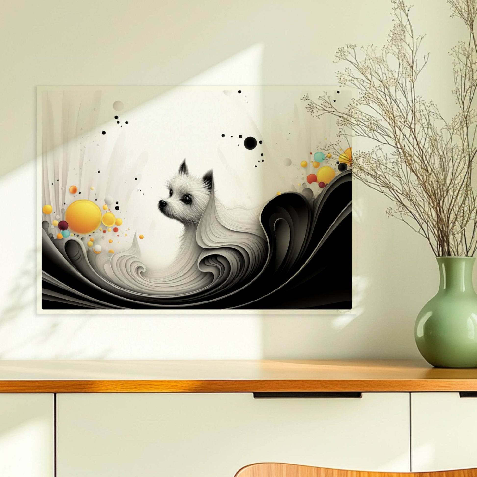 Elegante Hundegrafik mit fließenden Linien und gelben Akzenten auf weißem Hintergrund.. Ohne Rahmen 70x50
