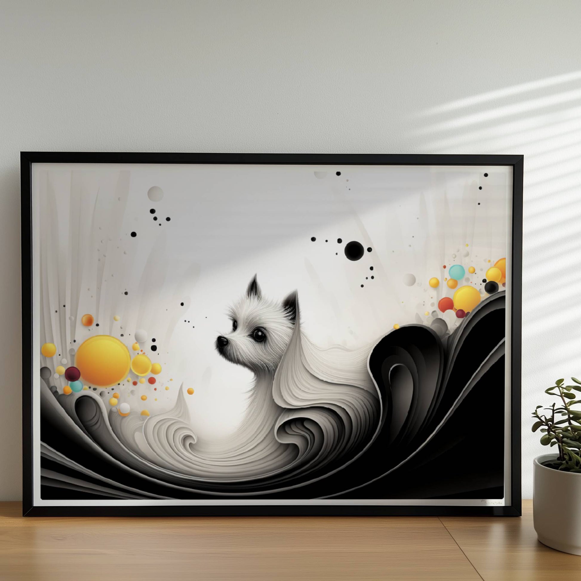 Elegante Hundegrafik mit fließenden Linien und gelben Akzenten auf weißem Hintergrund.. Rahmen schwarz 70x50