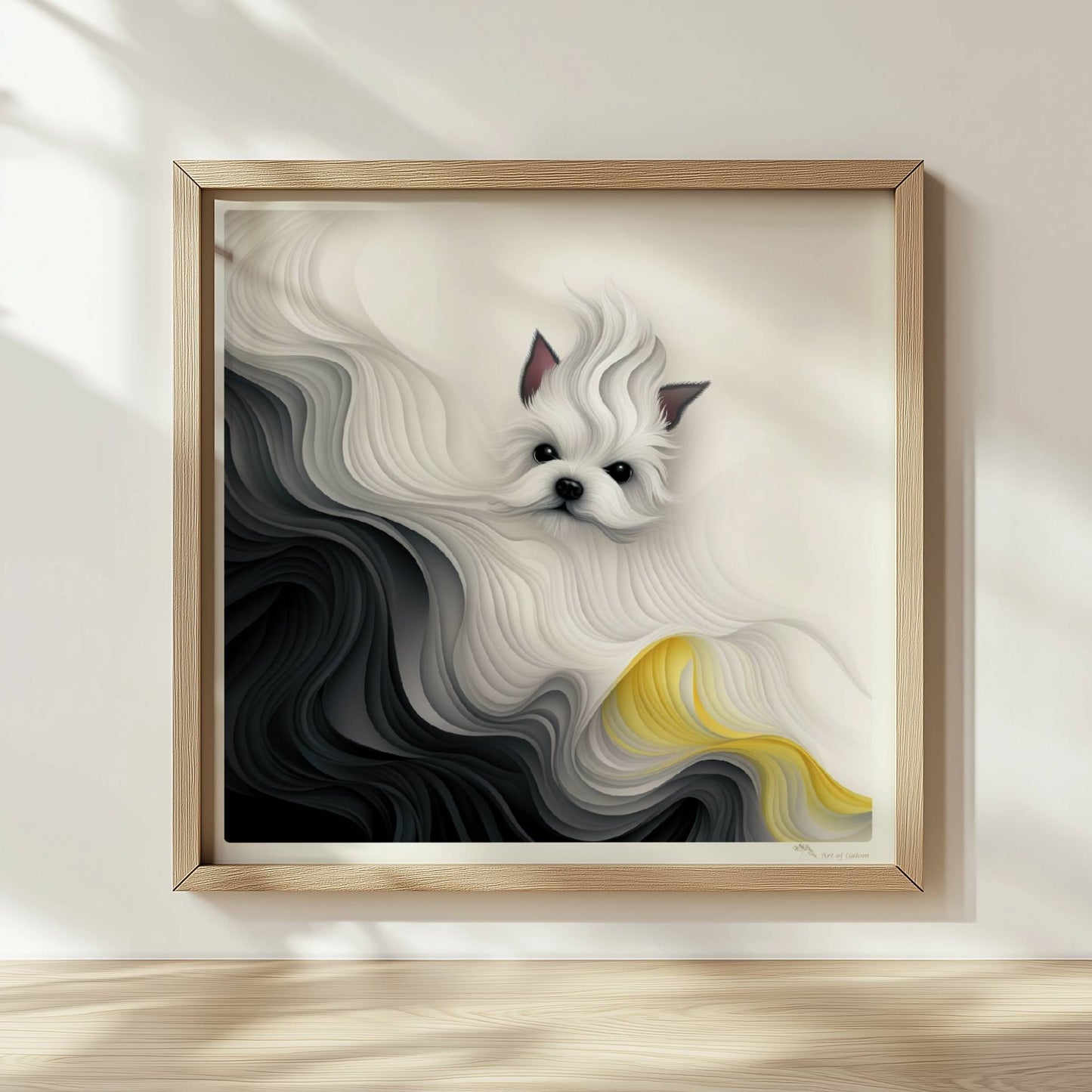Stilisierter weißer Hund mit abstrakter Mähne in Schwarz und Gelb, fließendes Design.. Rahmen natur 30x30