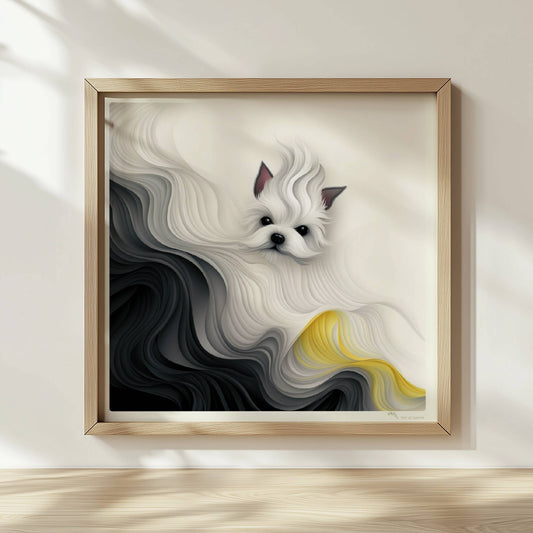 Stilisierter weißer Hund mit abstrakter Mähne in Schwarz und Gelb, fließendes Design.. Rahmen natur 30x30