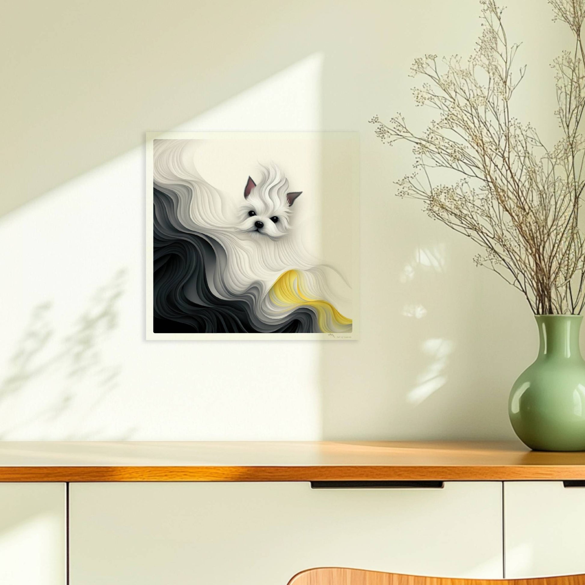 Stilisierter weißer Hund mit abstrakter Mähne in Schwarz und Gelb, fließendes Design.. Ohne Rahmen 30x30