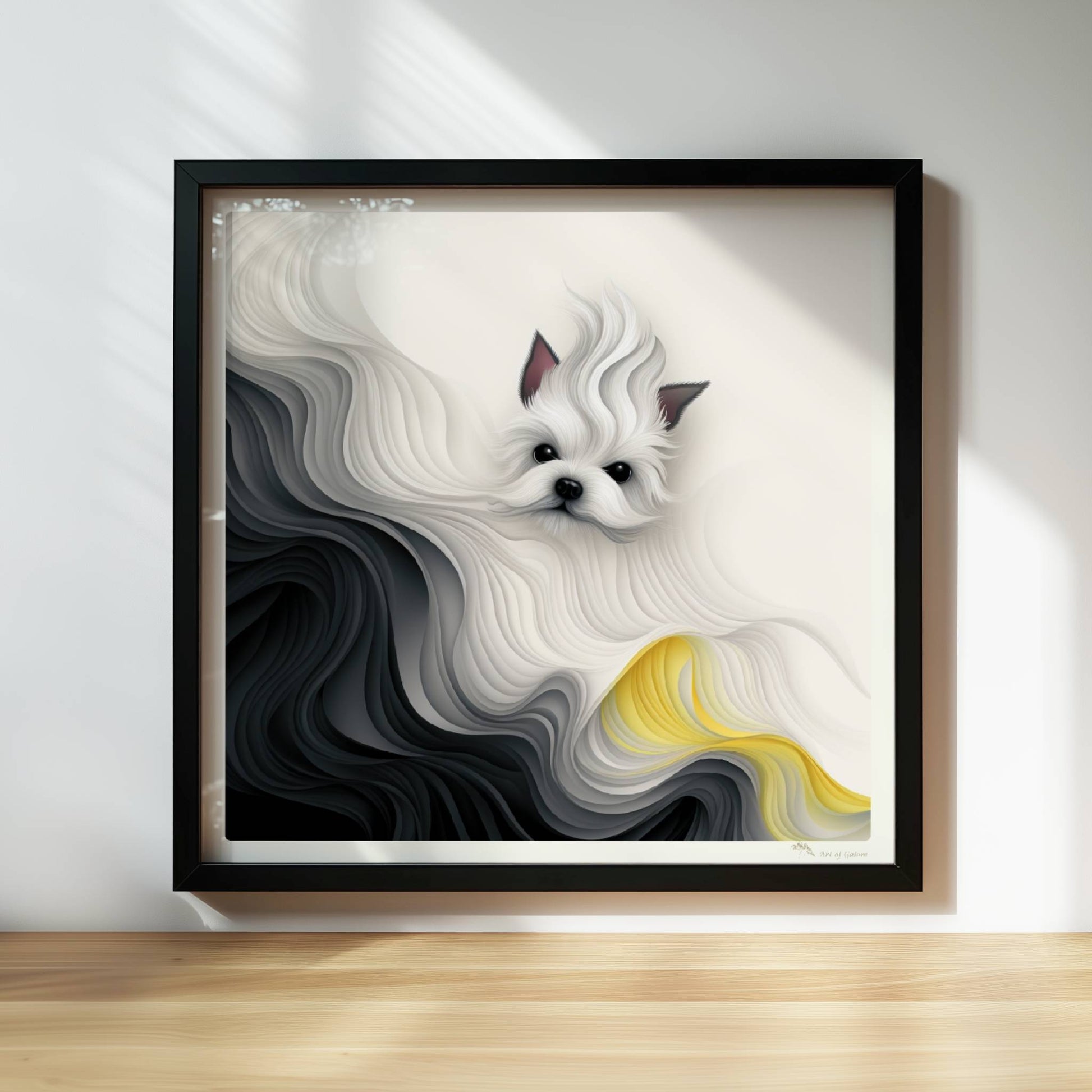 Stilisierter weißer Hund mit abstrakter Mähne in Schwarz und Gelb, fließendes Design.. Rahmen schwarz 30x30