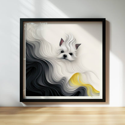 Stilisierter weißer Hund mit abstrakter Mähne in Schwarz und Gelb, fließendes Design.. Rahmen schwarz 30x30