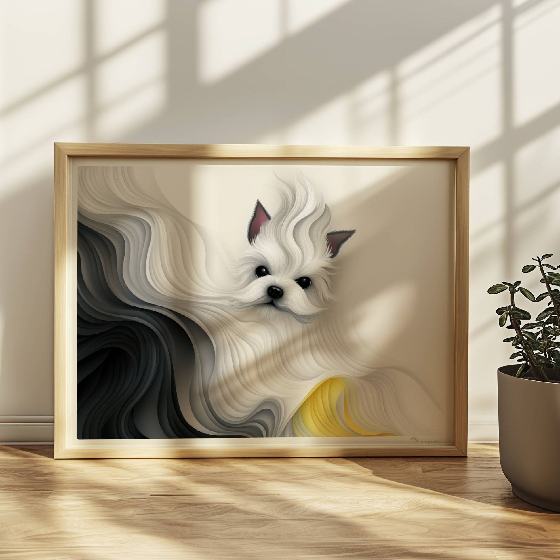 Stilisierter weißer Hund mit abstrakter Mähne in Schwarz und Gelb, fließendes Design.. Rahmen natur 40x30