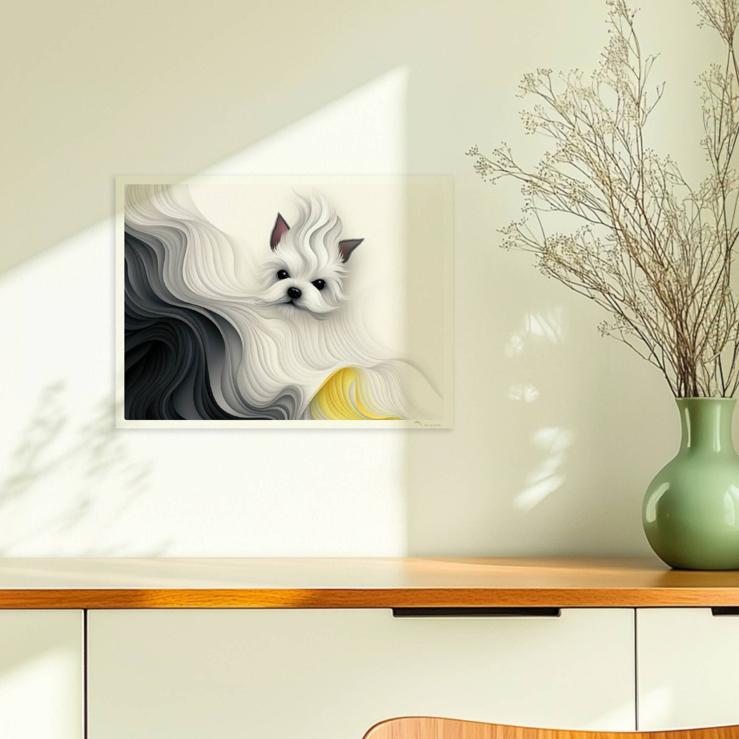 Stilisierter weißer Hund mit abstrakter Mähne in Schwarz und Gelb, fließendes Design.. Ohne Rahmen 40x30