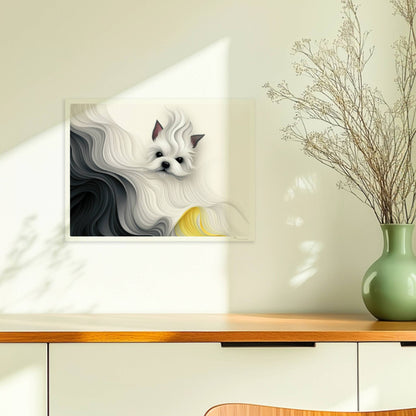 Stilisierter weißer Hund mit abstrakter Mähne in Schwarz und Gelb, fließendes Design.. Ohne Rahmen 40x30