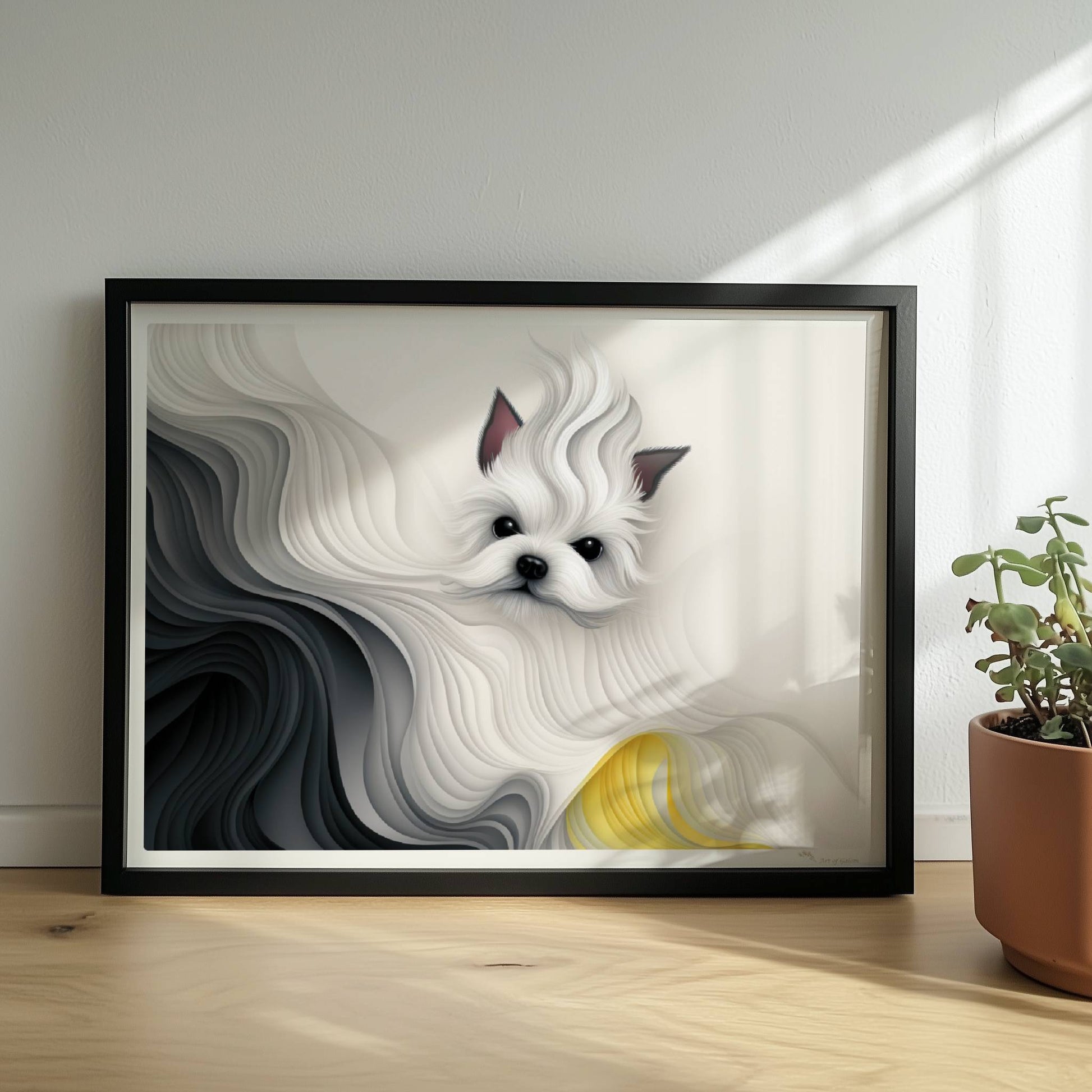 Stilisierter weißer Hund mit abstrakter Mähne in Schwarz und Gelb, fließendes Design.. Rahmen schwarz 40x30
