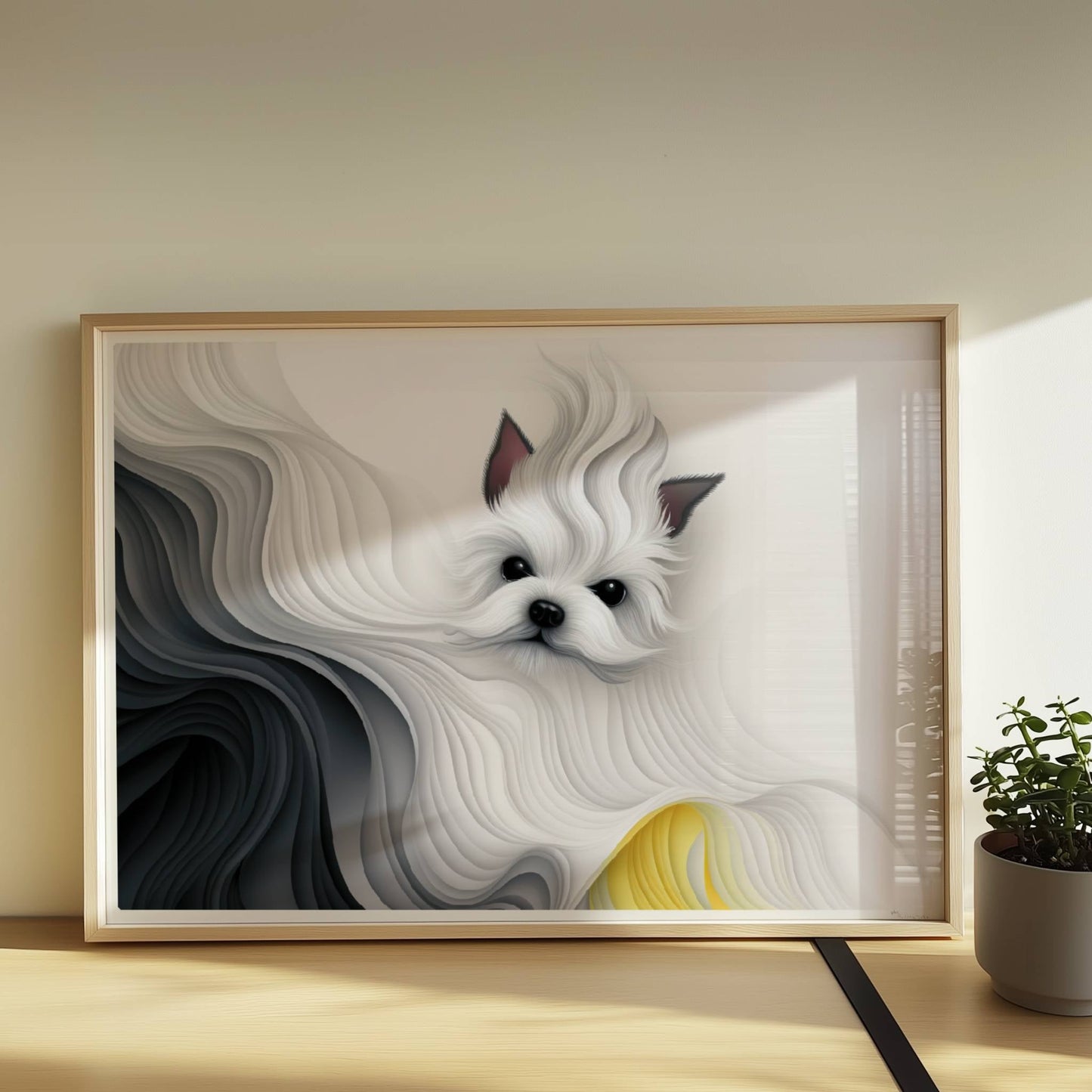 Stilisierter weißer Hund mit abstrakter Mähne in Schwarz und Gelb, fließendes Design.. Rahmen natur 70x50