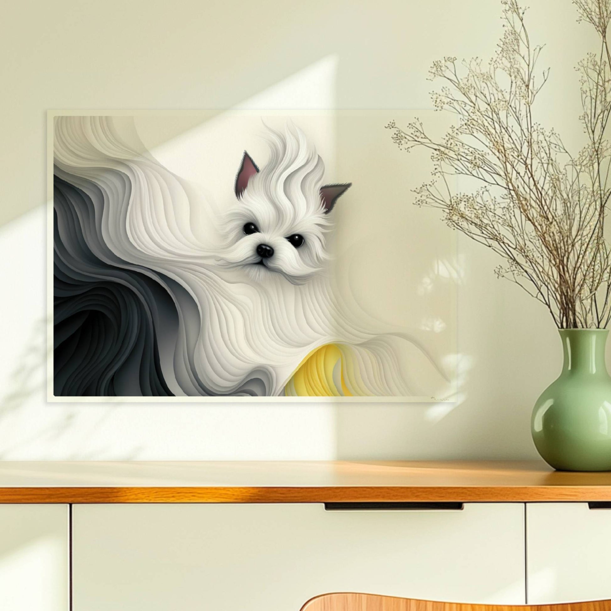 Stilisierter weißer Hund mit abstrakter Mähne in Schwarz und Gelb, fließendes Design.. Ohne Rahmen 70x50