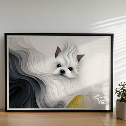 Stilisierter weißer Hund mit abstrakter Mähne in Schwarz und Gelb, fließendes Design.. Rahmen schwarz 70x50