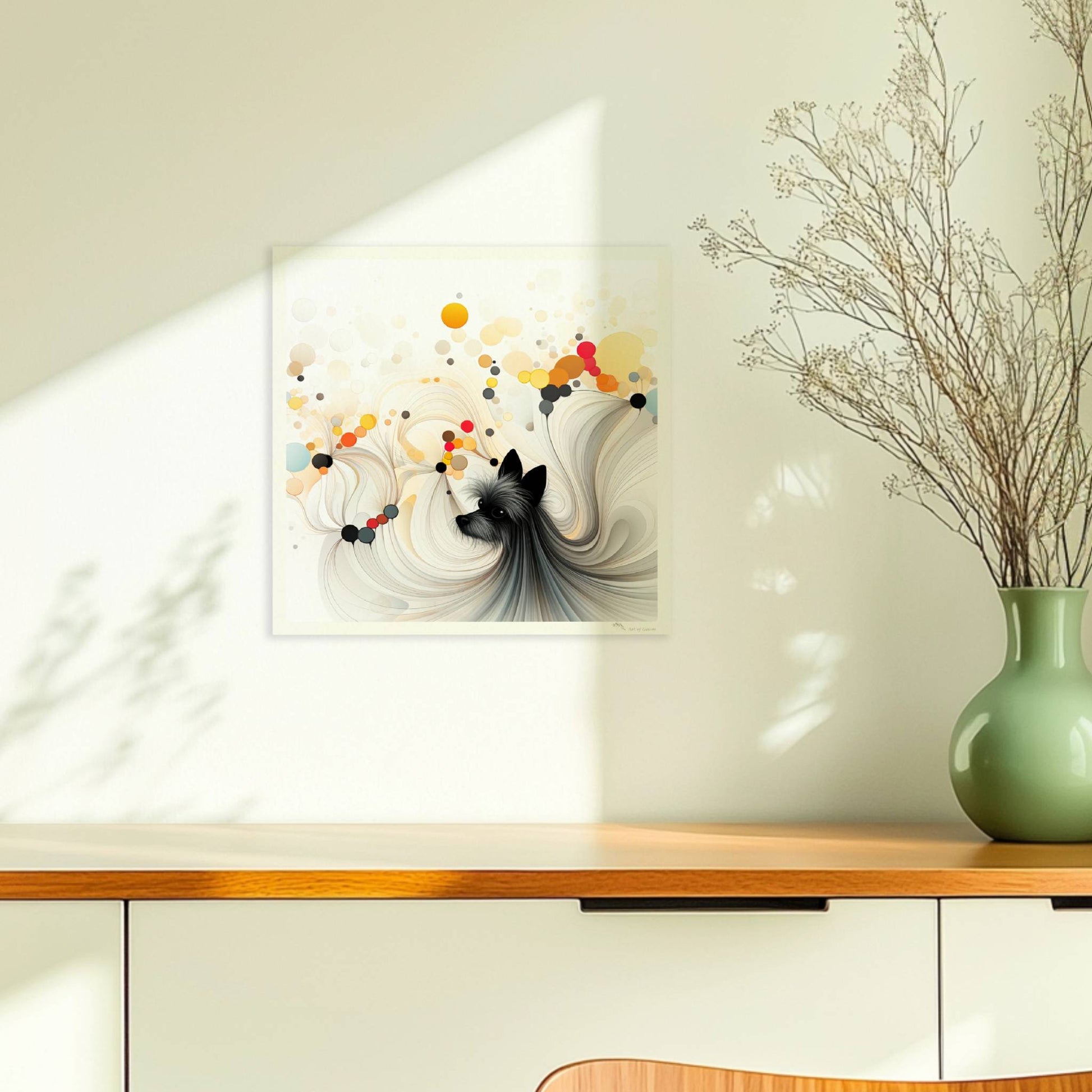Illustration eines kleinen schwarzen Hundes mit bunten geometrischen Blasen auf Weiß.. Ohne Rahmen 30x30