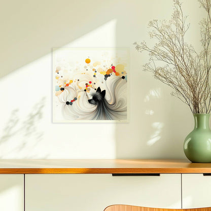 Illustration eines kleinen schwarzen Hundes mit bunten geometrischen Blasen auf Weiß.. Ohne Rahmen 30x30