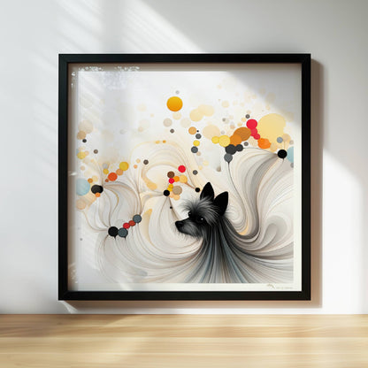 Illustration eines kleinen schwarzen Hundes mit bunten geometrischen Blasen auf Weiß.. Rahmen schwarz 30x30