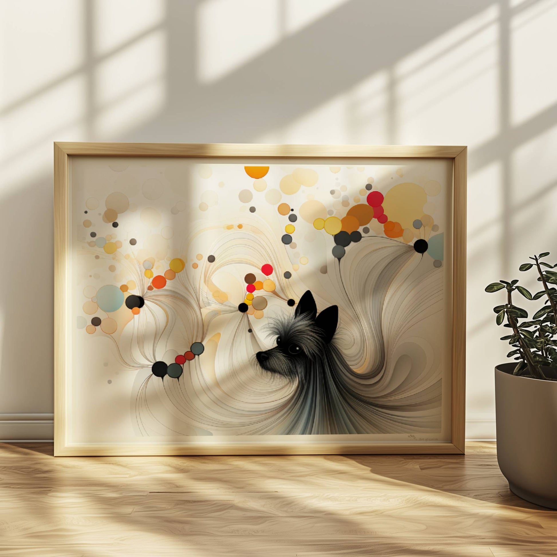 Illustration eines kleinen schwarzen Hundes mit bunten geometrischen Blasen auf Weiß.. Rahmen natur 40x30