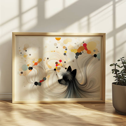 Illustration eines kleinen schwarzen Hundes mit bunten geometrischen Blasen auf Weiß.. Rahmen natur 40x30