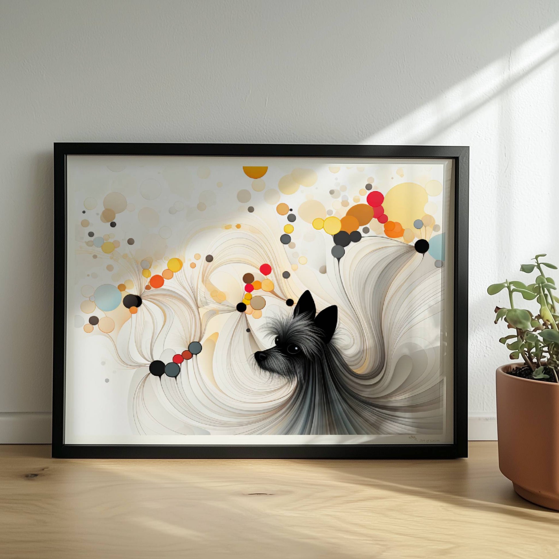 Illustration eines kleinen schwarzen Hundes mit bunten geometrischen Blasen auf Weiß.. Rahmen schwarz 40x30