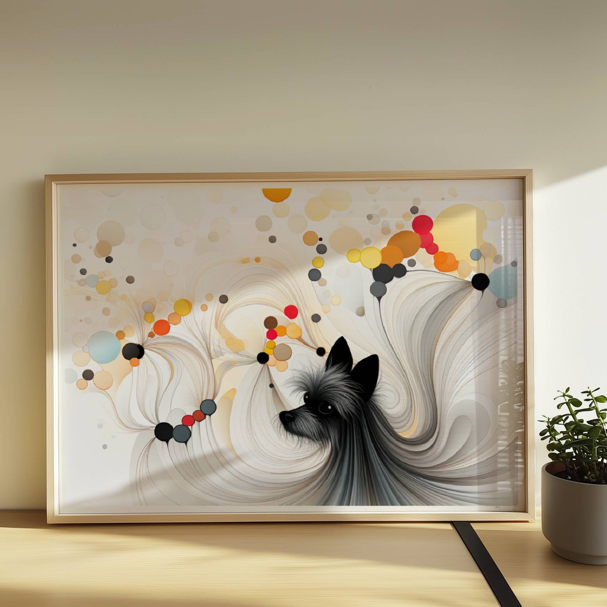 Illustration eines kleinen schwarzen Hundes mit bunten geometrischen Blasen auf Weiß.. Rahmen natur 70x50
