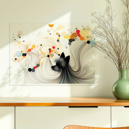 Illustration eines kleinen schwarzen Hundes mit bunten geometrischen Blasen auf Weiß.. Ohne Rahmen 70x50