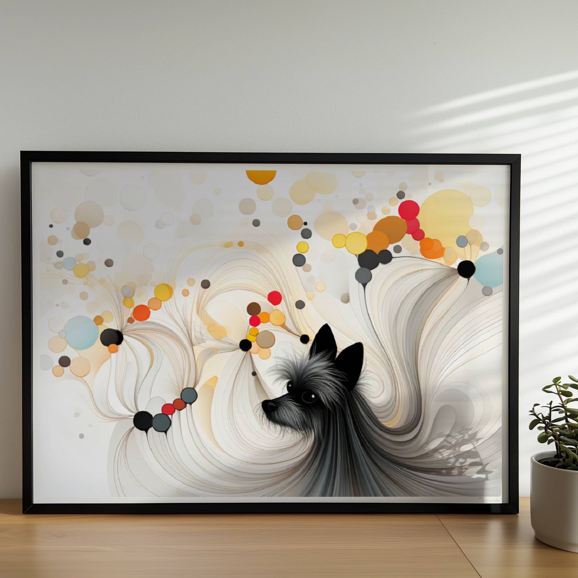 Illustration eines kleinen schwarzen Hundes mit bunten geometrischen Blasen auf Weiß.. Rahmen schwarz 70x50