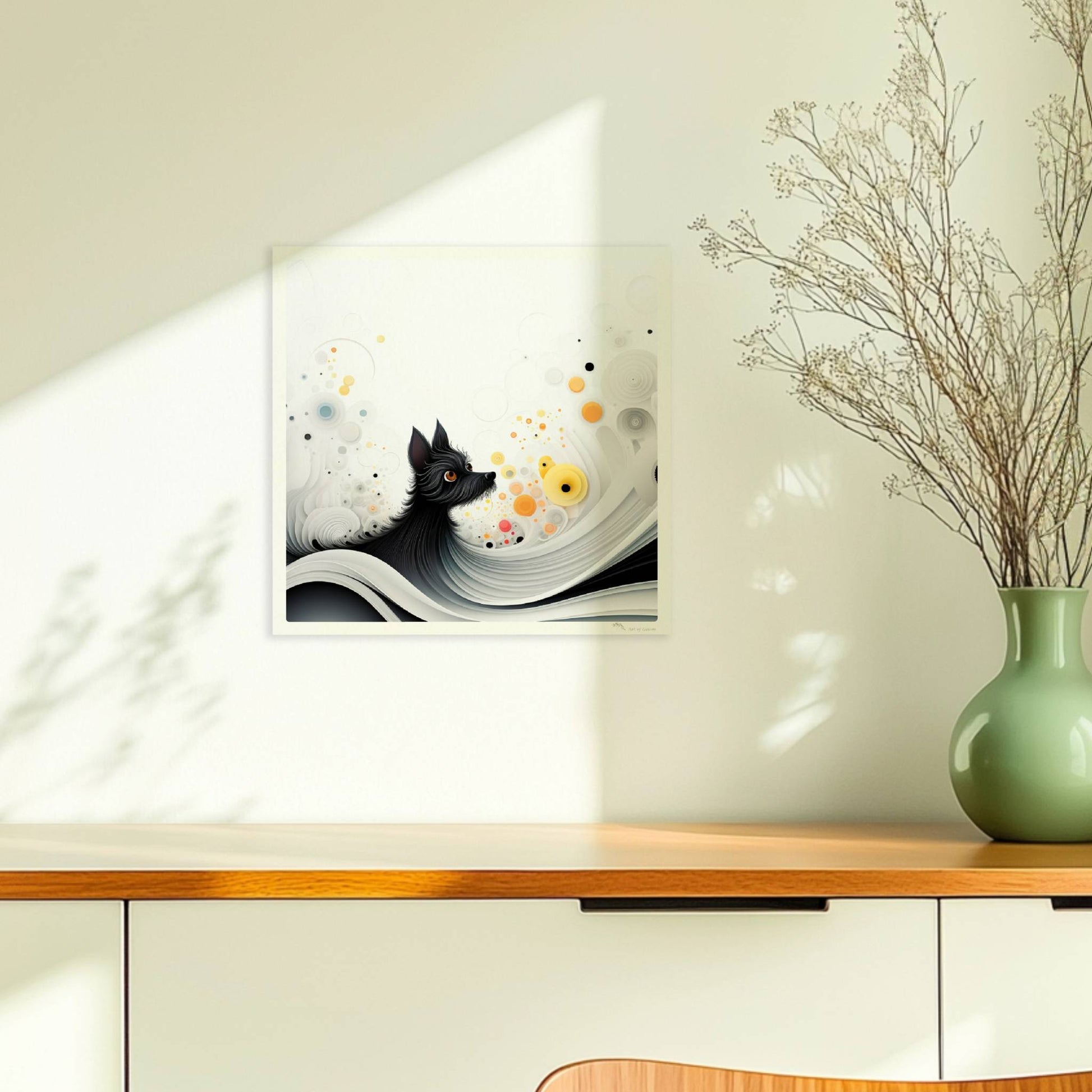 Abstrakte Darstellung eines schwarzen Hundes mit gelben Punkten auf fließendem weißen Hintergrund.. Ohne Rahmen 30x30