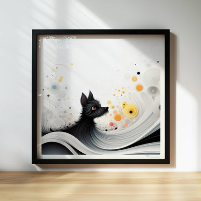 Abstrakte Darstellung eines schwarzen Hundes mit gelben Punkten auf fließendem weißen Hintergrund.. Rahmen schwarz 30x30