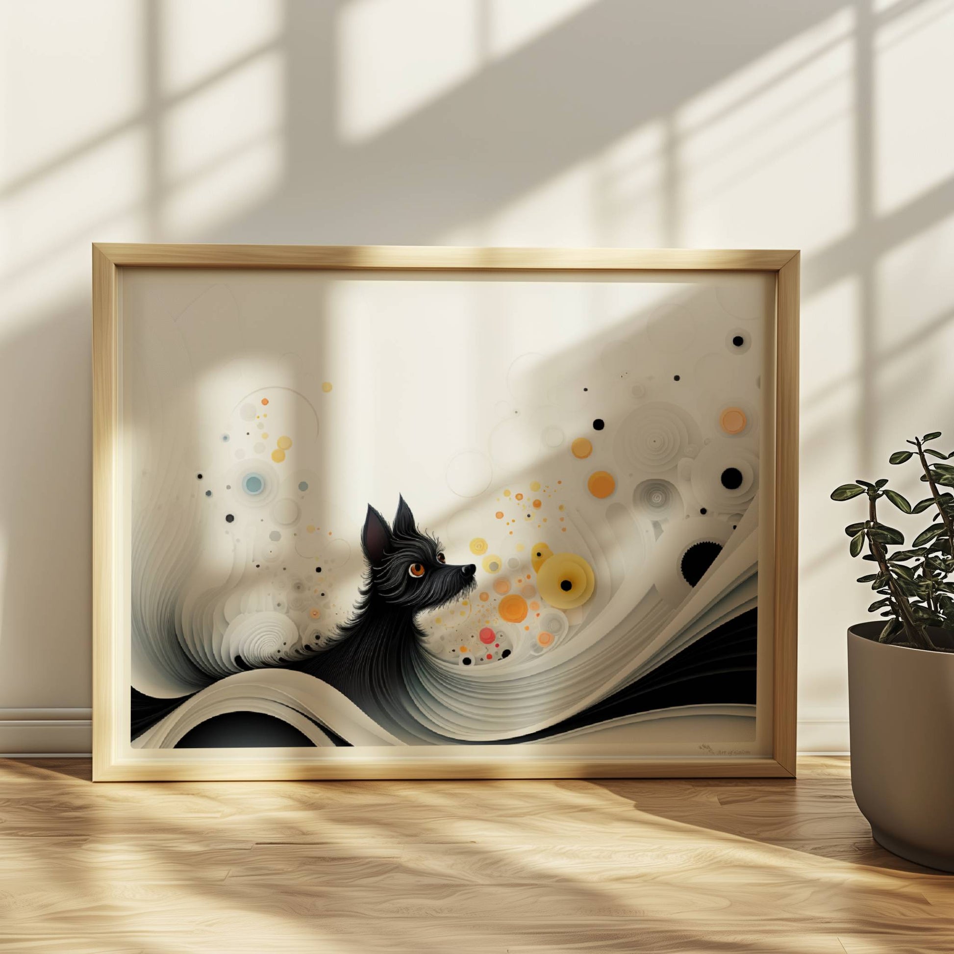 Abstrakte Darstellung eines schwarzen Hundes mit gelben Punkten auf fließendem weißen Hintergrund.. Rahmen natur 40x30