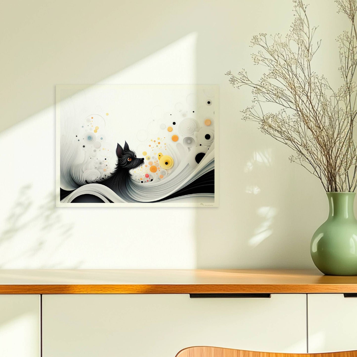 Abstrakte Darstellung eines schwarzen Hundes mit gelben Punkten auf fließendem weißen Hintergrund.. Ohne Rahmen 40x30