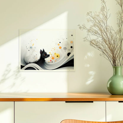 Abstrakte Darstellung eines schwarzen Hundes mit gelben Punkten auf fließendem weißen Hintergrund.. Ohne Rahmen 40x30