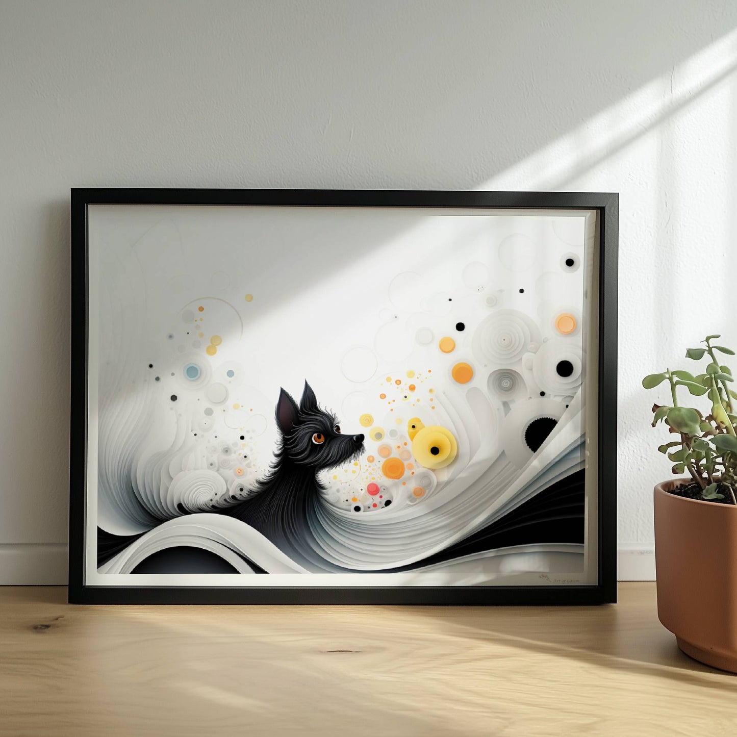 Abstrakte Darstellung eines schwarzen Hundes mit gelben Punkten auf fließendem weißen Hintergrund.. Rahmen schwarz 40x30