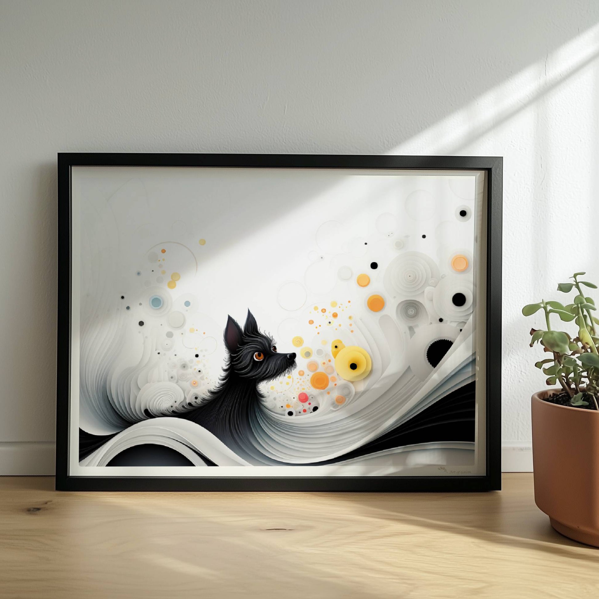 Abstrakte Darstellung eines schwarzen Hundes mit gelben Punkten auf fließendem weißen Hintergrund.. Rahmen schwarz 40x30