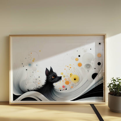 Abstrakte Darstellung eines schwarzen Hundes mit gelben Punkten auf fließendem weißen Hintergrund.. Rahmen natur 70x50