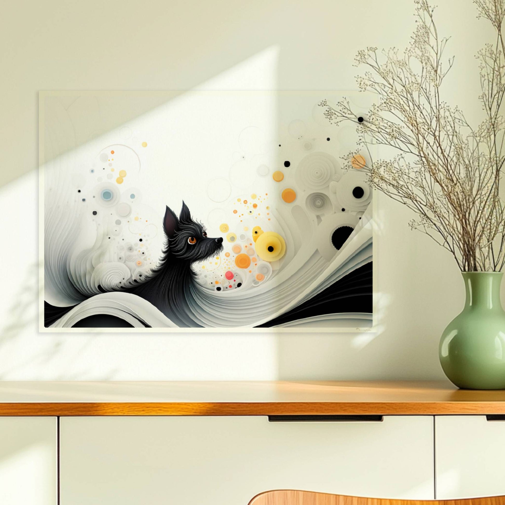 Abstrakte Darstellung eines schwarzen Hundes mit gelben Punkten auf fließendem weißen Hintergrund.. Ohne Rahmen 70x50