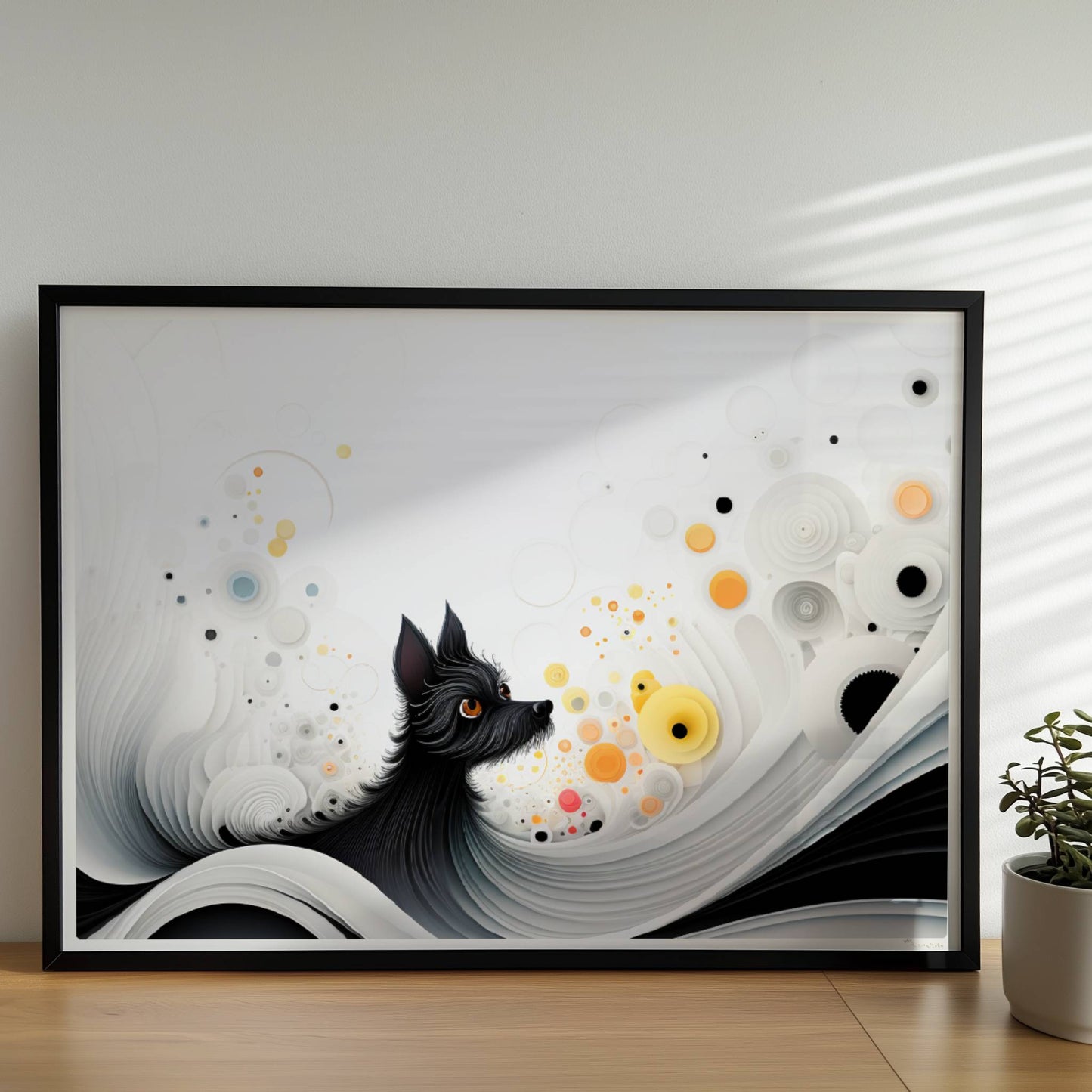 Abstrakte Darstellung eines schwarzen Hundes mit gelben Punkten auf fließendem weißen Hintergrund.. Rahmen schwarz 70x50
