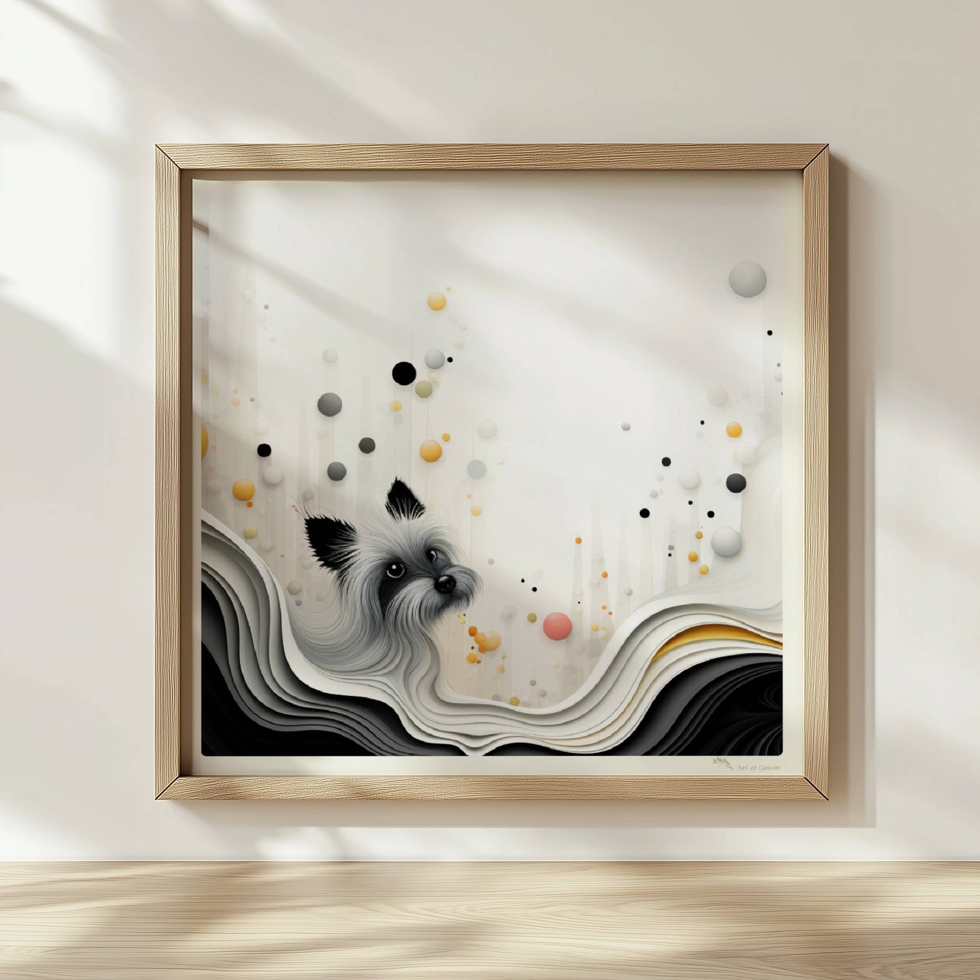 Vektorgrafik eines weißen Hundes mit wellenförmigem Hintergrund in sanften Farben.. Rahmen natur 30x30