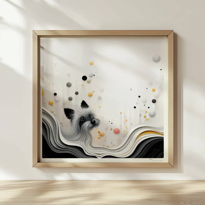 Vektorgrafik eines weißen Hundes mit wellenförmigem Hintergrund in sanften Farben.. Rahmen natur 30x30