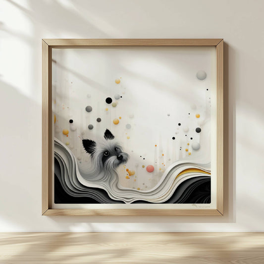 Vektorgrafik eines weißen Hundes mit wellenförmigem Hintergrund in sanften Farben.. Rahmen natur 30x30