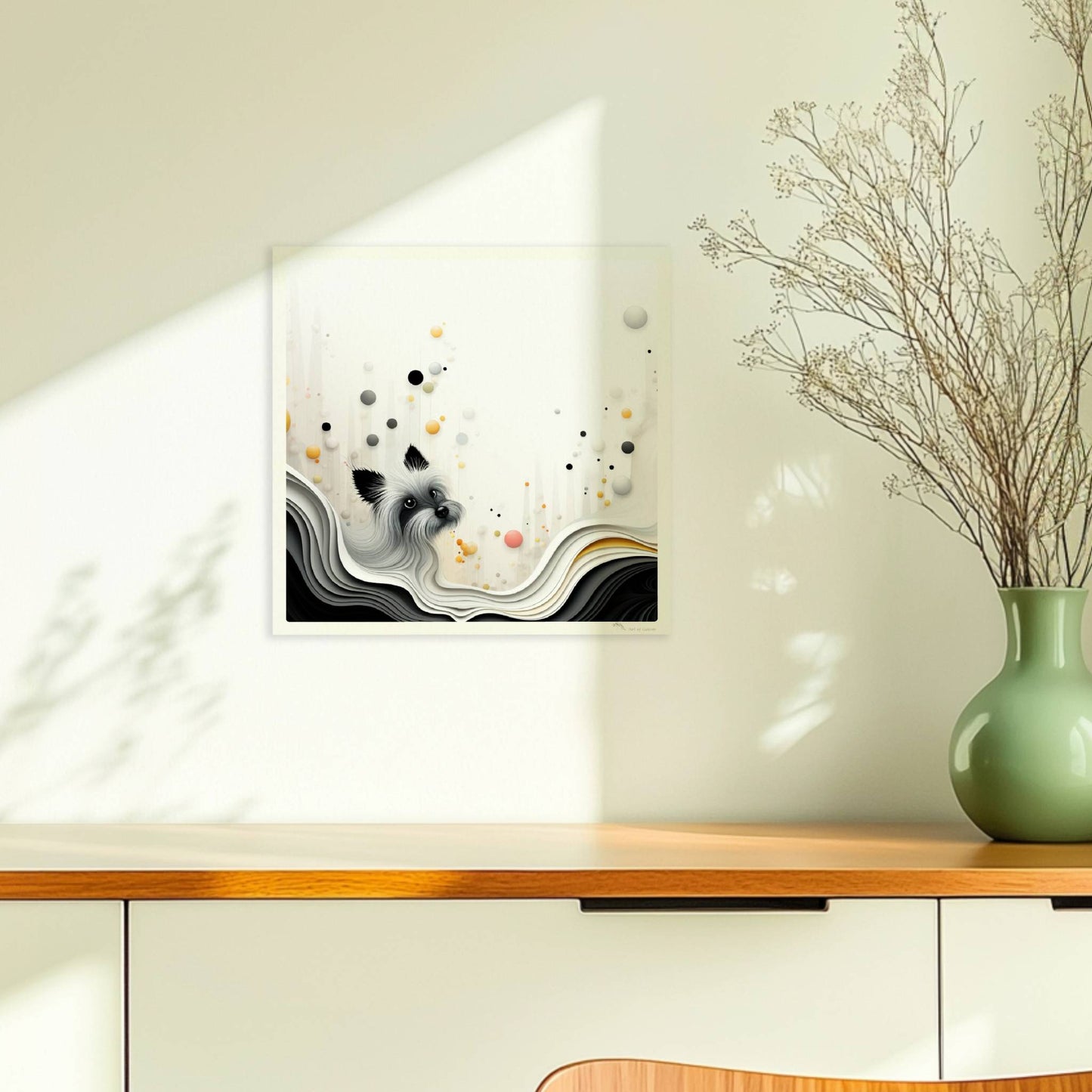 Vektorgrafik eines weißen Hundes mit wellenförmigem Hintergrund in sanften Farben.. Ohne Rahmen 30x30
