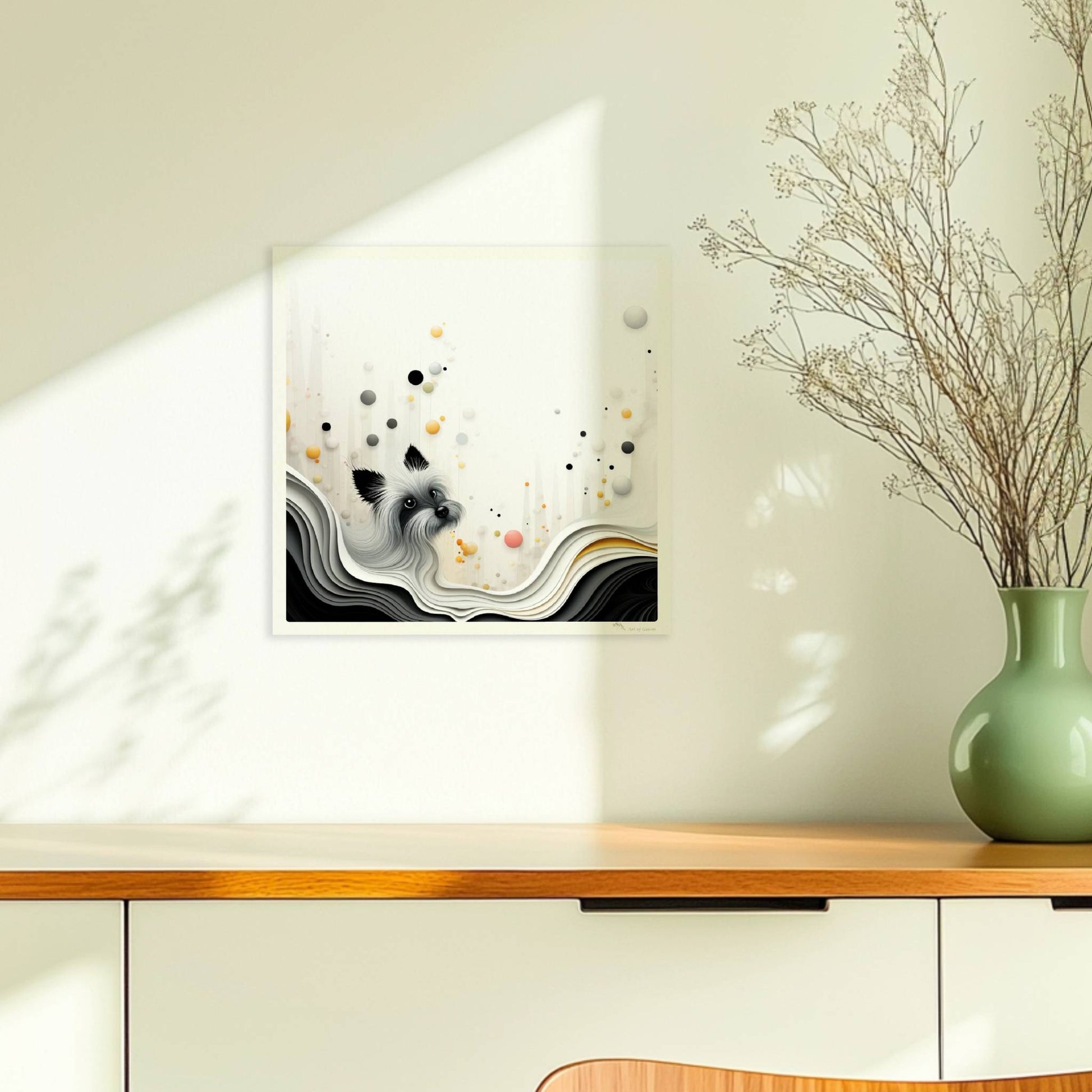 Vektorgrafik eines weißen Hundes mit wellenförmigem Hintergrund in sanften Farben.. Ohne Rahmen 30x30